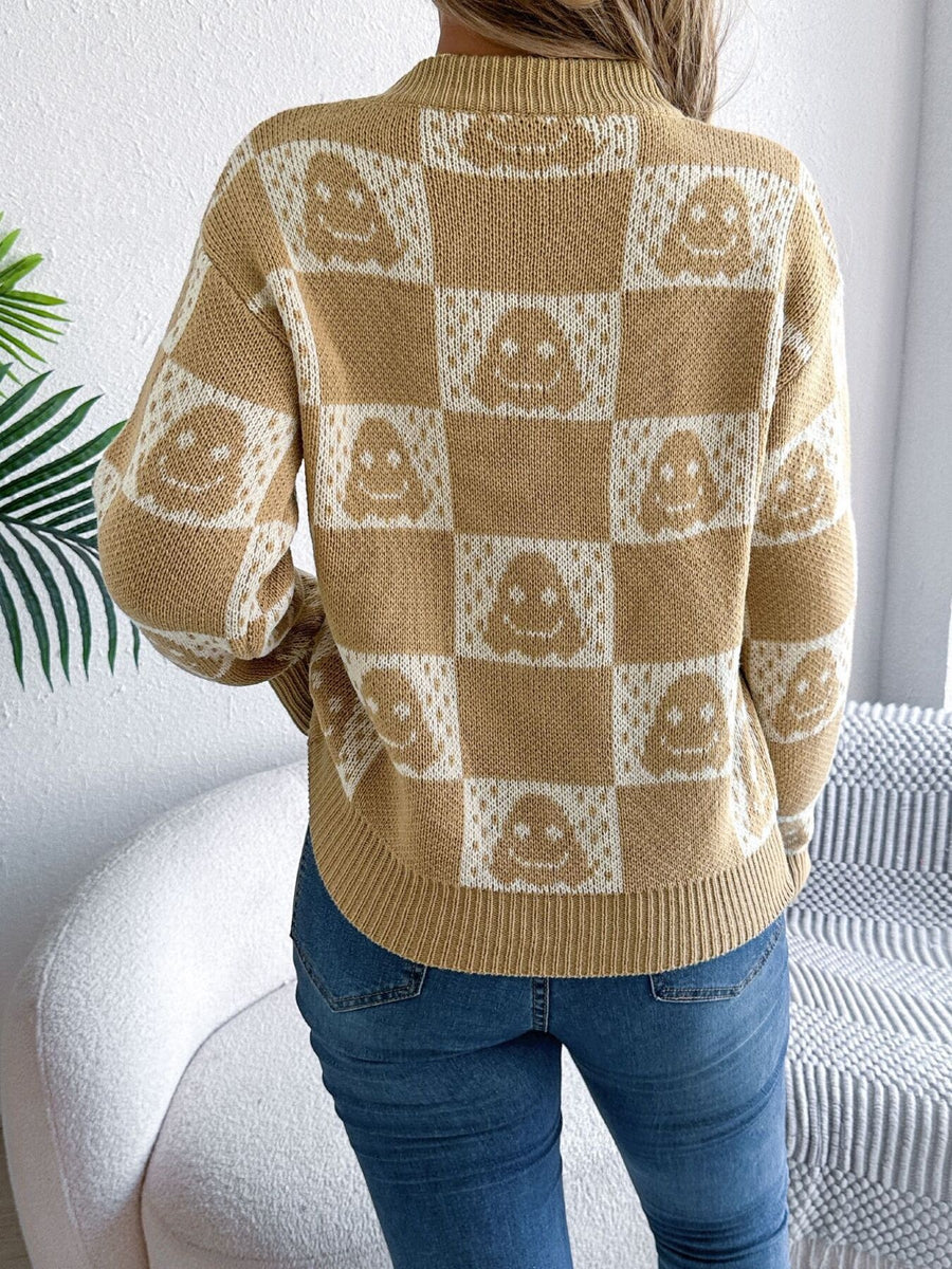 pullover sweater in camel with checkerboard and stretch