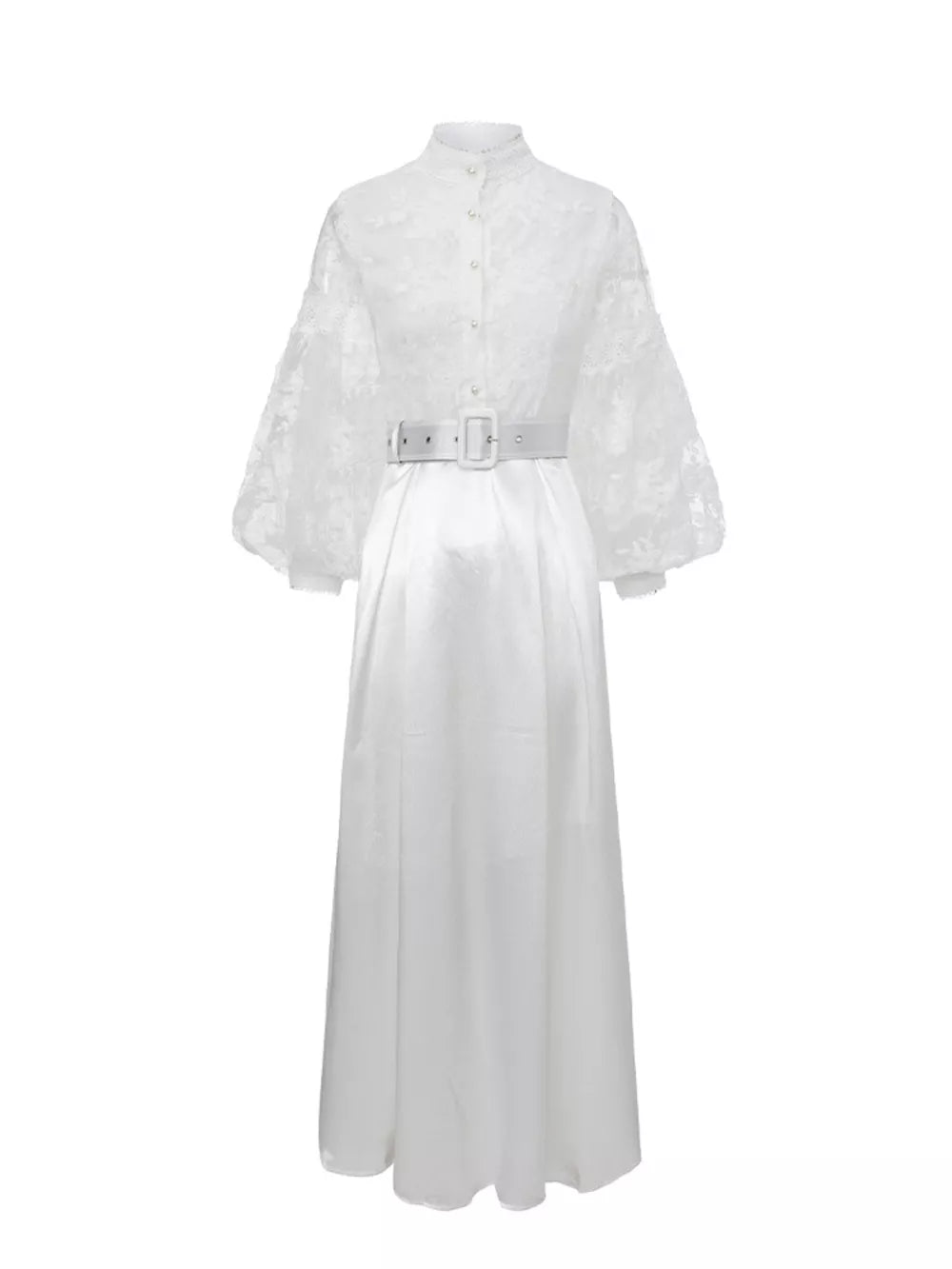 White lace-embellished maxi dress with lantern sleeves, high neck, button front, and white belt.