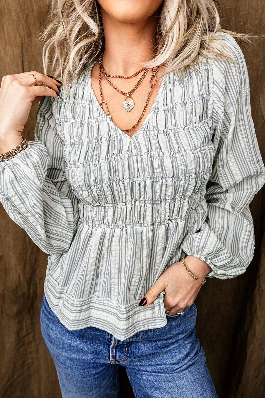 Light Blue with Stripe V Neck Shirred Long Sleeve Blouse in Light Blue
