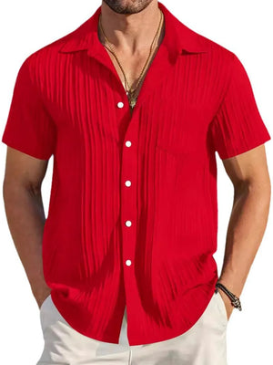 Textured red resort shirt with short sleeves, button front, and a spread collar.
