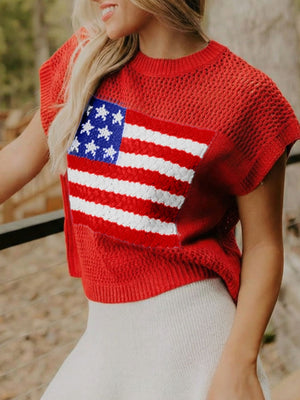 Red knit short-sleeve top with American flag detail, crew neck, acrylic material