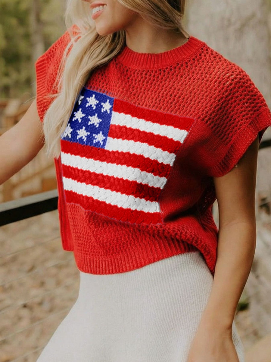 Red knit short-sleeve top with American flag detail, crew neck, acrylic material