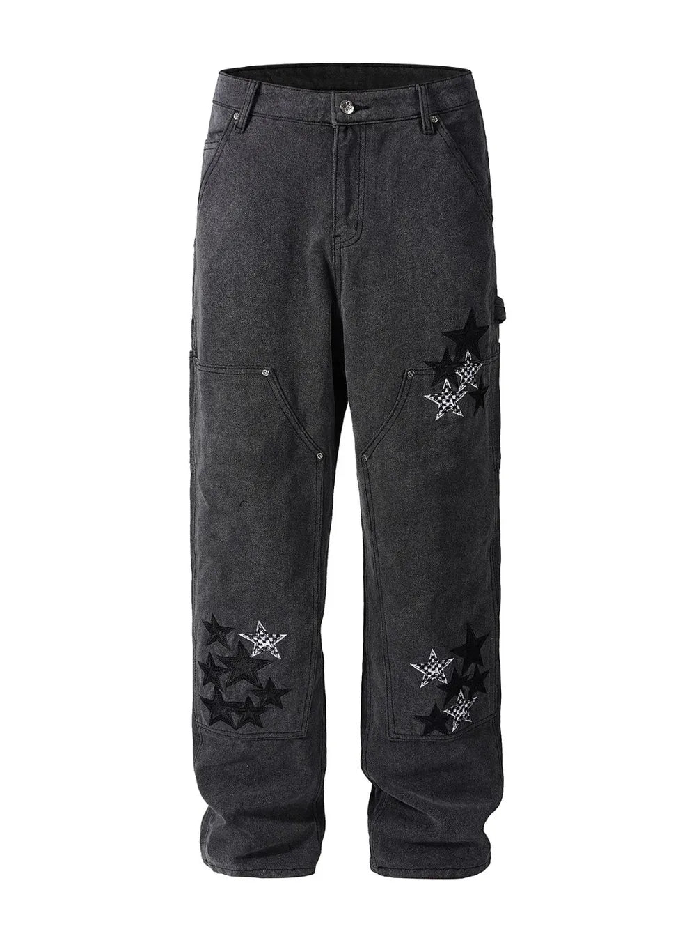 Dark wash carpenter jeans with embroidered stars and checkered pattern details.