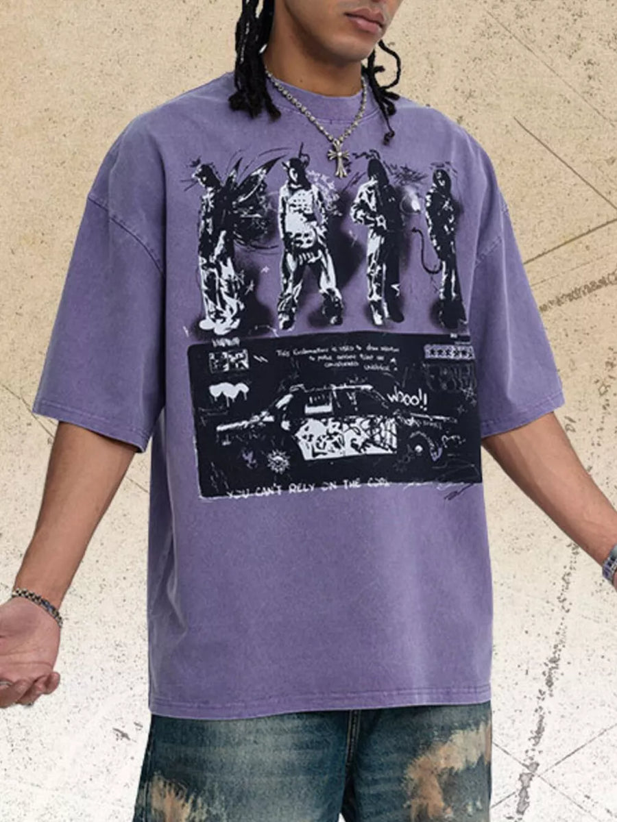 Purple cotton graphic t-shirt with distressed crew neck and short sleeves.