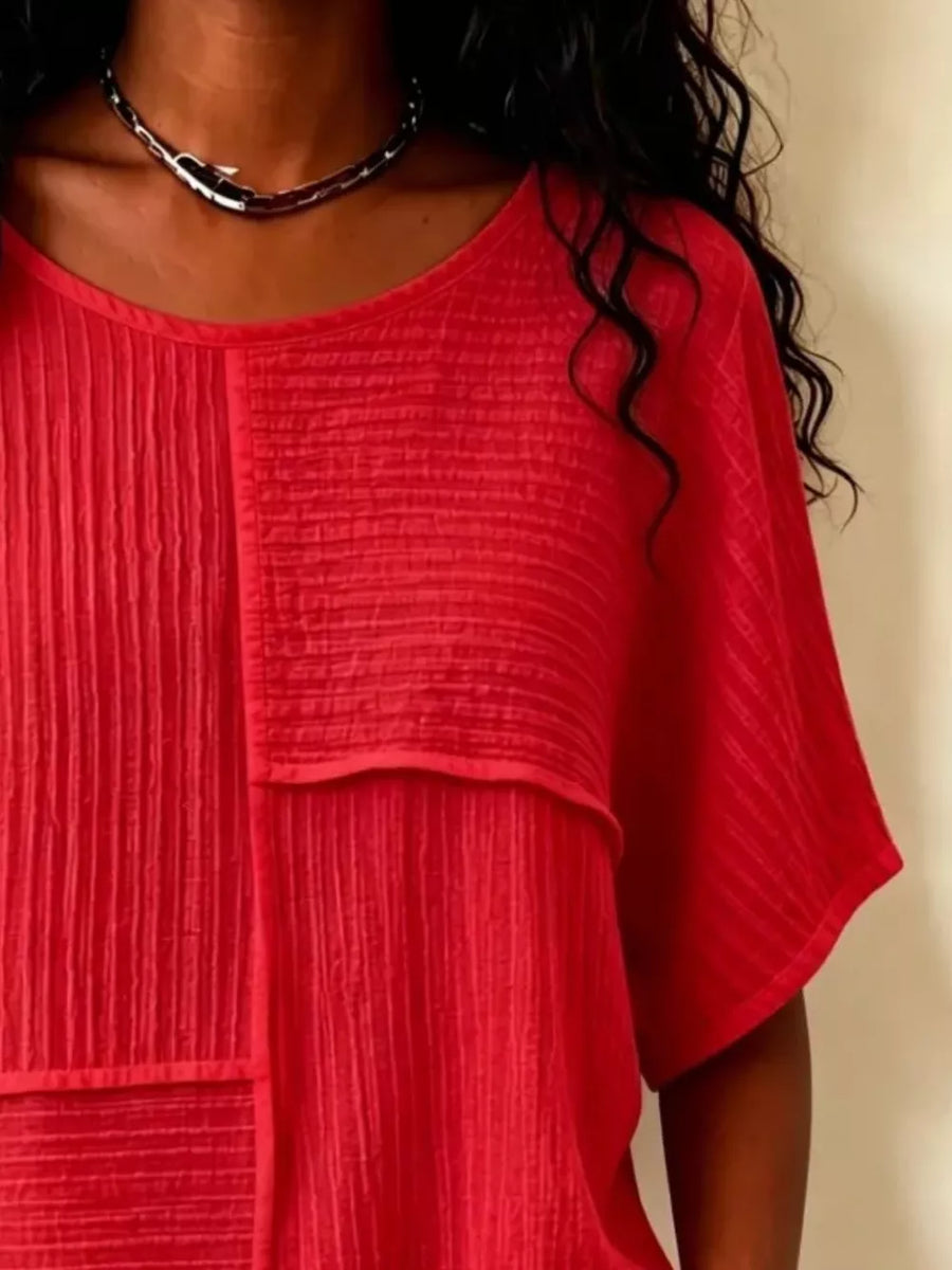Khaki Full Size Texture Round Neck Half Sleeve Blouse