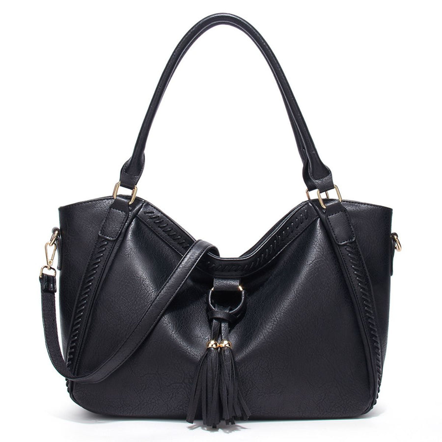 PU Leather Tassel Decor Shoulder Bag in Burgundy with tassel decor