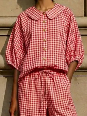 Full Size Plaid Button Up Shirt And Pants Set Plus Size in Black