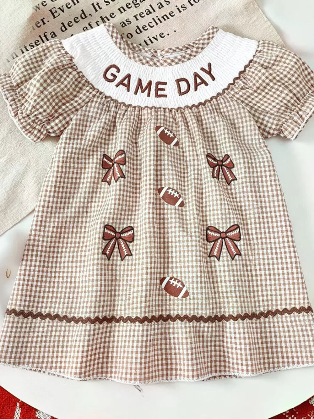 Brown Children's Gingham Football Puff Sleeve Dress