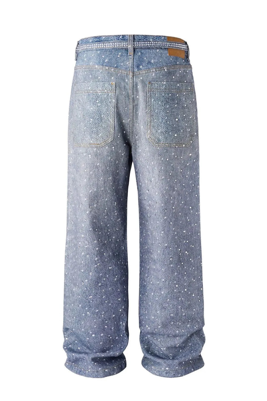 Ombré crystal embellished wide leg jeans in dark wash denim with scattered rhinestones.