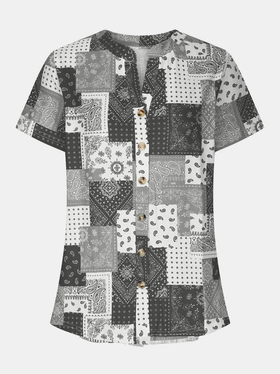 Gray bandana patchwork henley blouse with button front and short sleeves.