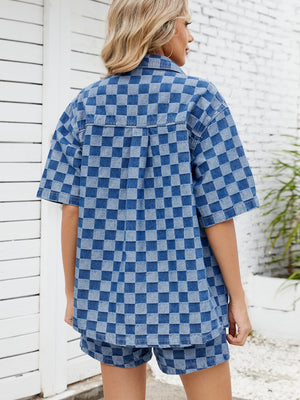 Denim co-ord set with checkerboard pattern in medium blue, featuring a short-sleeve collared shirt and shorts.