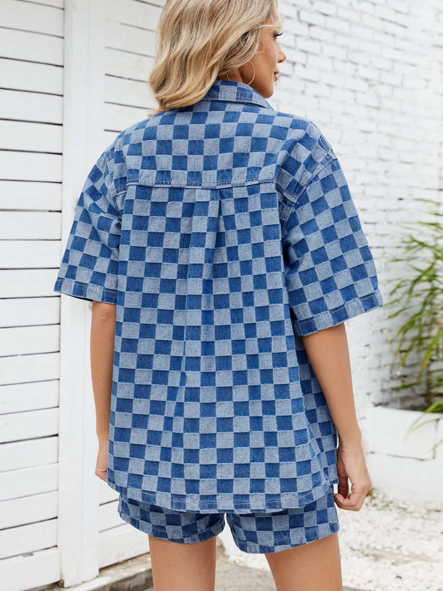 Denim co-ord set with checkerboard pattern in medium blue, featuring a short-sleeve collared shirt and shorts.