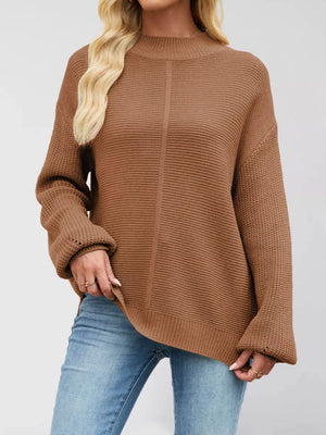 Green mock neck sweater with seam detail and long sleeve