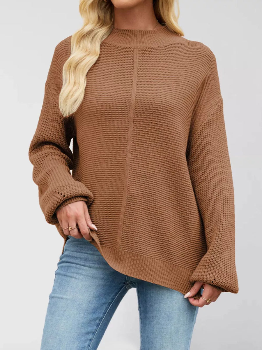 Green mock neck sweater with seam detail and long sleeve
