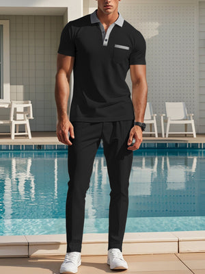 Men's Short Sleeve Polo And Pants Set Plus Size in Blue
