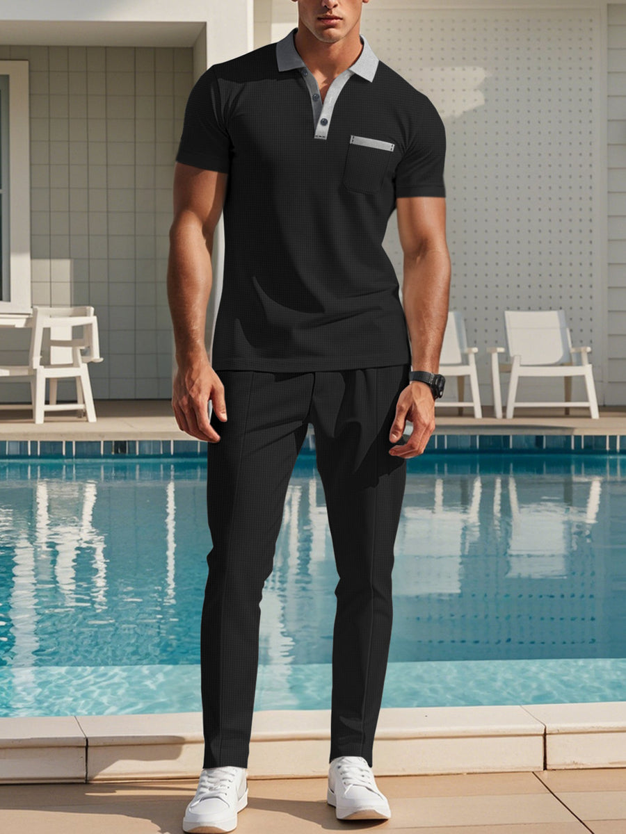 Men's Short Sleeve Polo And Pants Set Plus Size in Blue