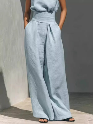 Sky Blue Sleeveless Wide-leg Jumpsuit With Smocked Waist