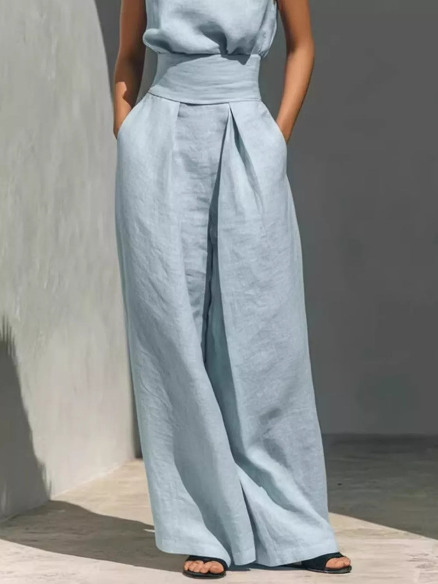 Sky Blue Sleeveless Wide-leg Jumpsuit With Smocked Waist