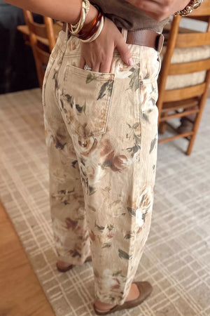 Beige with Retro Floral Print Relaxed Barrel Jeans in Beige