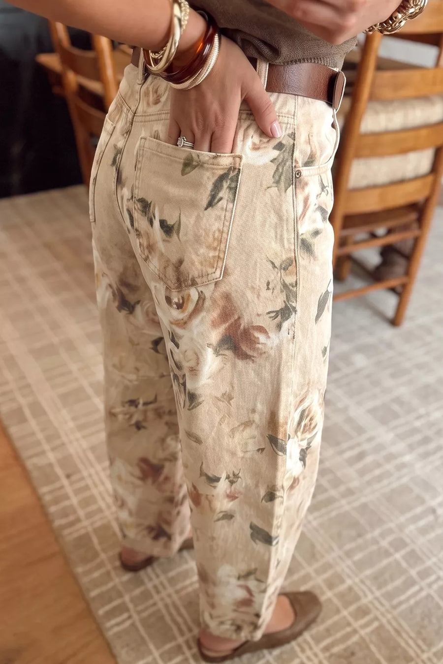 Beige with Retro Floral Print Relaxed Barrel Jeans in Beige