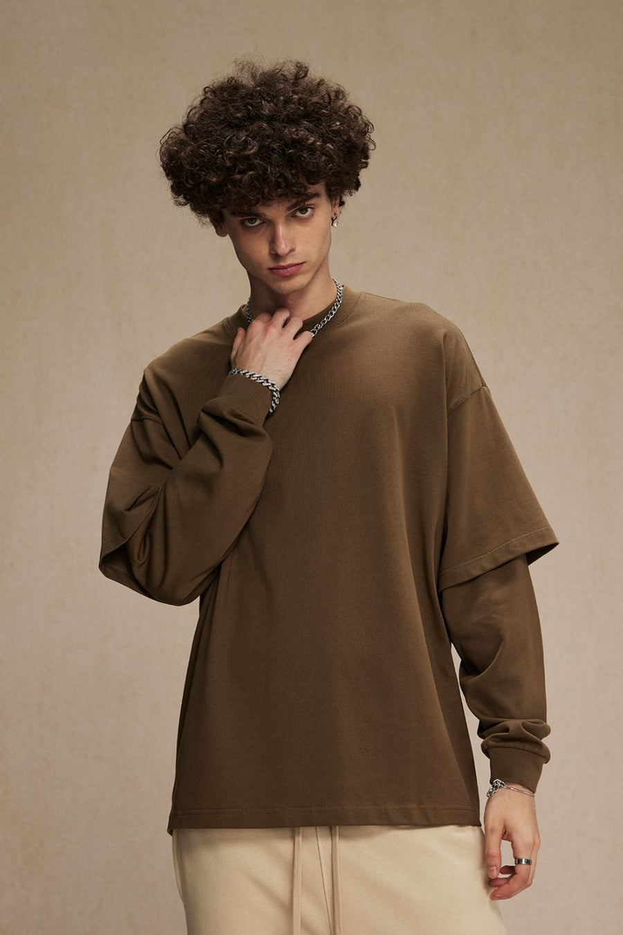 Brown long sleeve t-shirt with layered sleeves