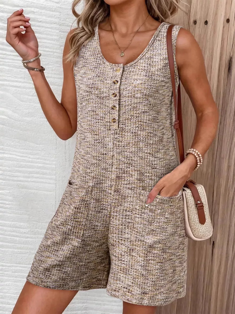 Textured button front romper in Khaki with scoop neck and pockets