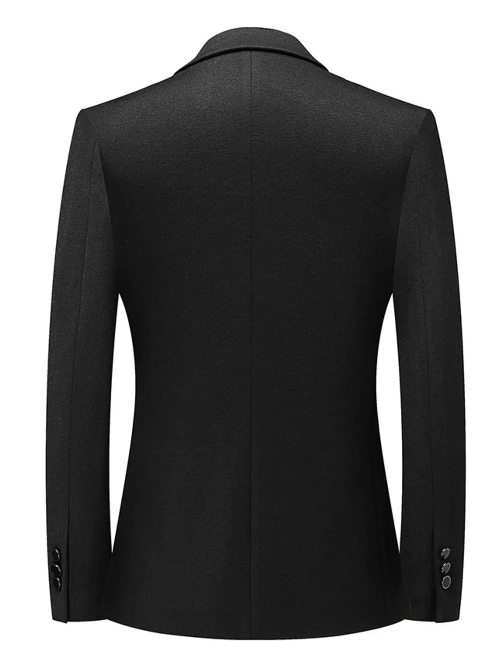 Black two-button acrylic blazer with buttoned cuffs.