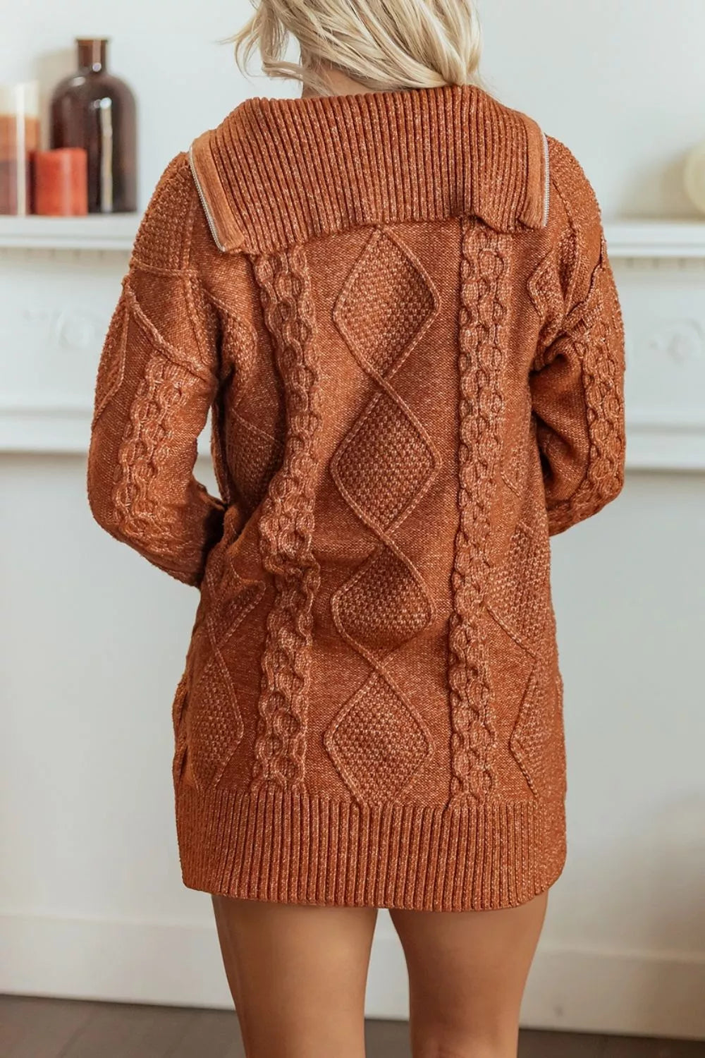 Caramel sweater dress with mini and half-zip