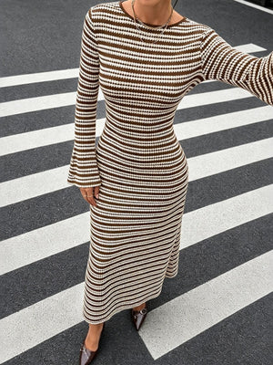 cream sweater dress featuring ribbed and striped