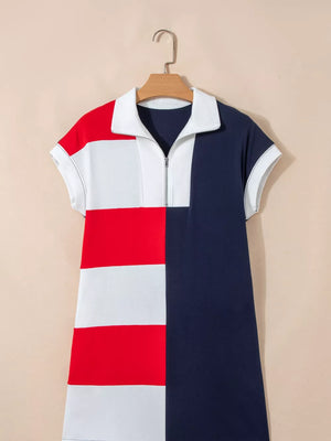 Americana colorblock mini dress with zip neck, collar, and short sleeves in navy, red, and white.