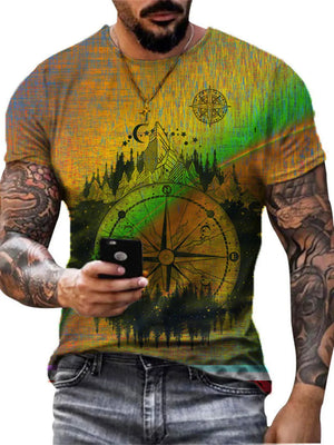 Men's graphic t-shirt in yellow-green with a compass and mountain scene.