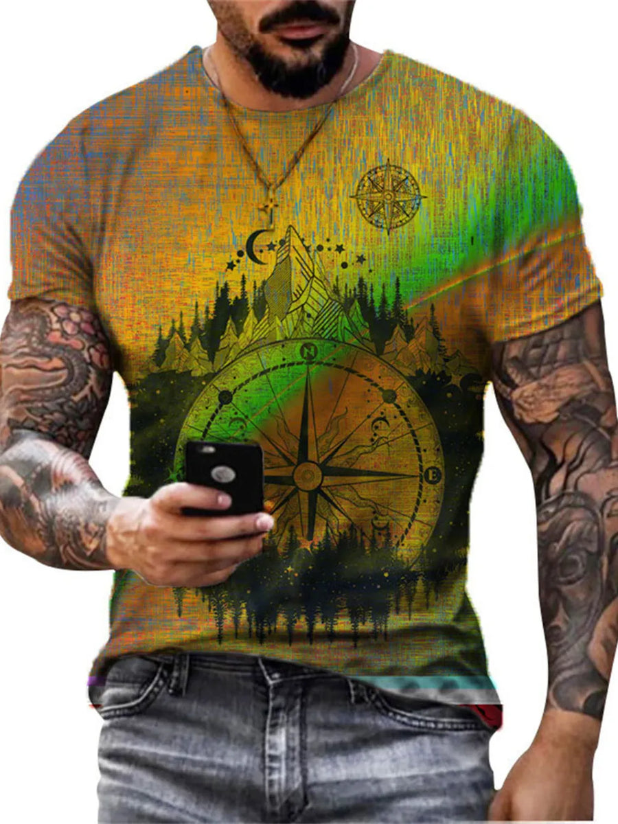 Men's graphic t-shirt in yellow-green with a compass and mountain scene.