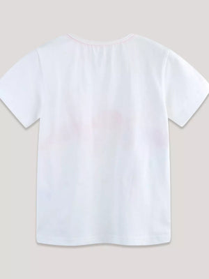 White cotton crew neck t-shirt with faint pink flamingo print detail.