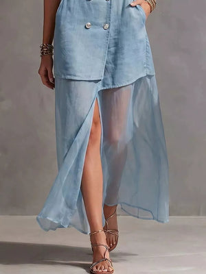 95%cotton, 5%spandex Care instructions: Machine wash cold maxi dress in Sky Blue with A-line silhouette