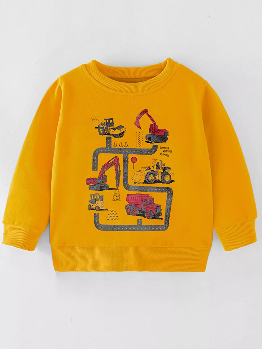Mustard sweatshirt with cartoon construction vehicles and road graphic for baby boys.