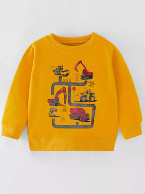 Mustard sweatshirt with cartoon construction vehicles and road graphic for baby boys.