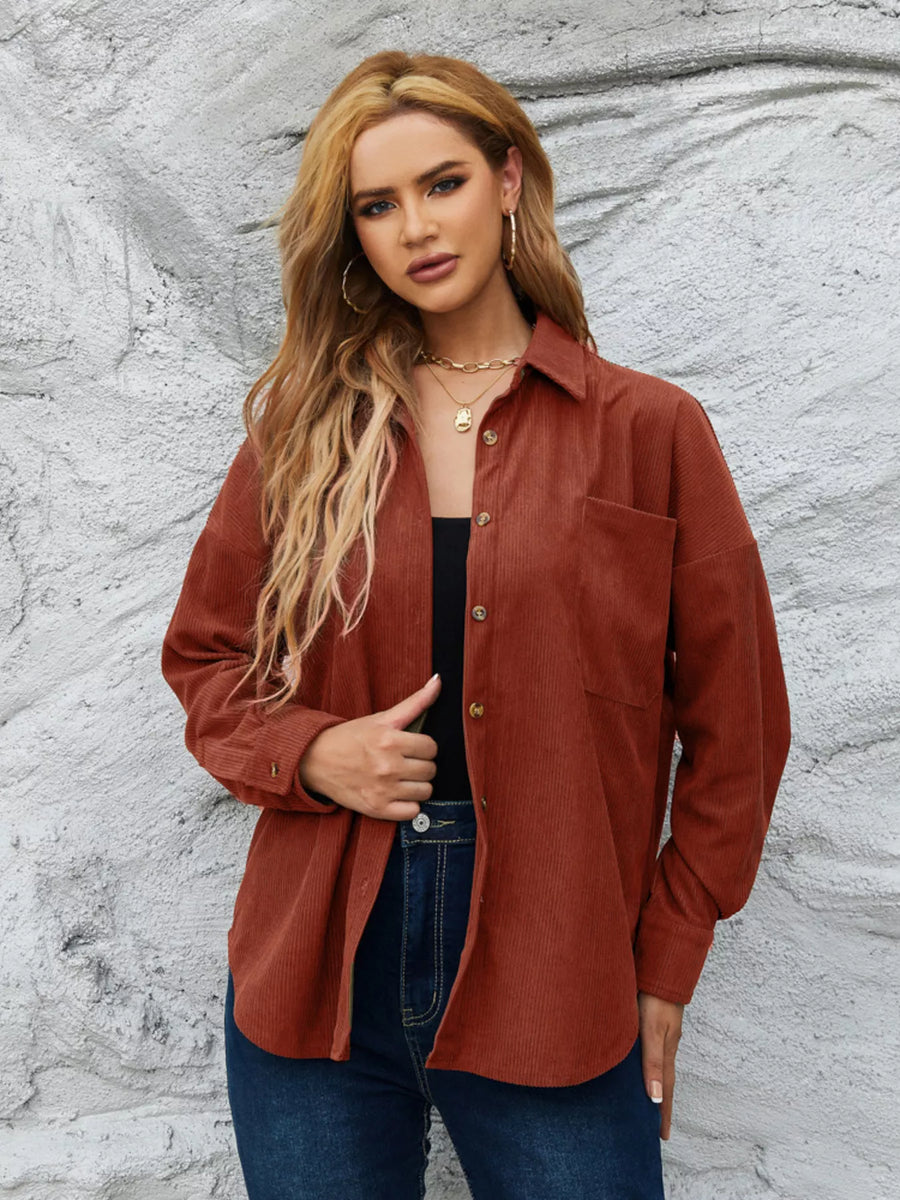 Classic corduroy button-up shirt in Amber, featuring a relaxed fit and chest pocket.