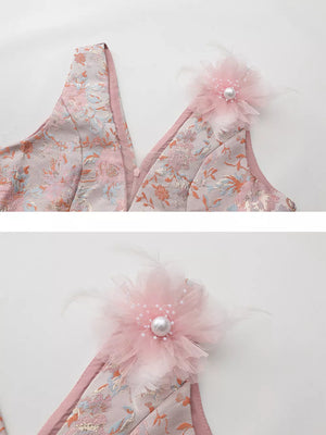 Floral appliqué midi dress in pink with 3D floral detail and pearl embellishment.