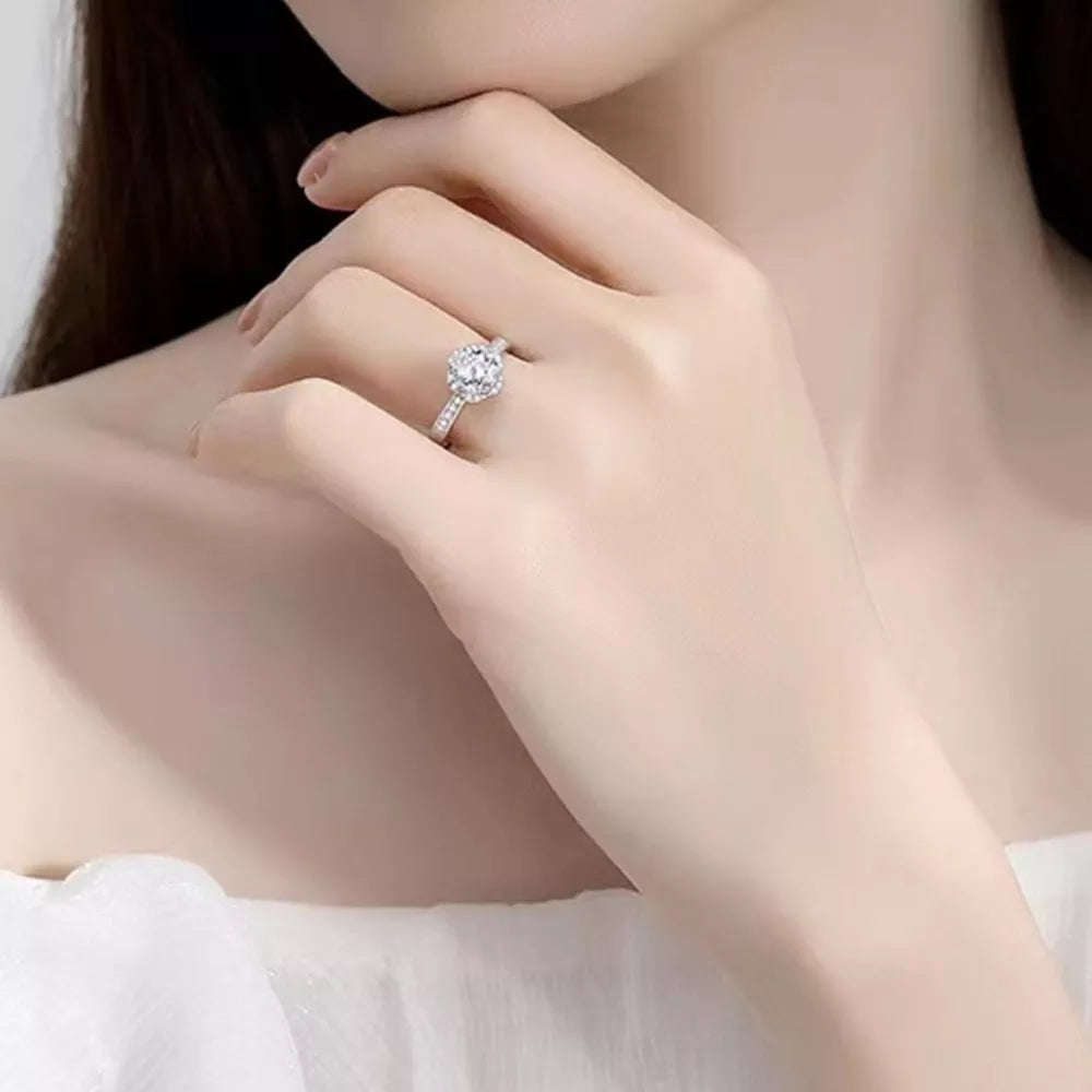 ring in silver featuring moissanite stone and classic fit