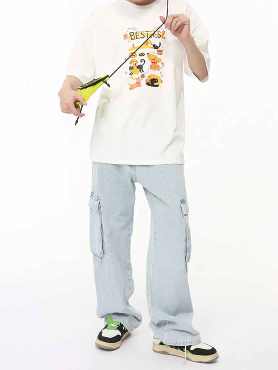 Baggy light wash denim cargo pants with large side pockets.