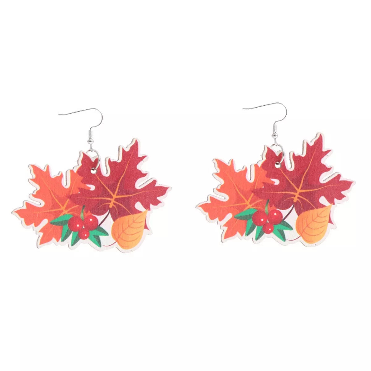 Playful Thanksgiving dangle earrings with red and orange maple leaves and red berries.