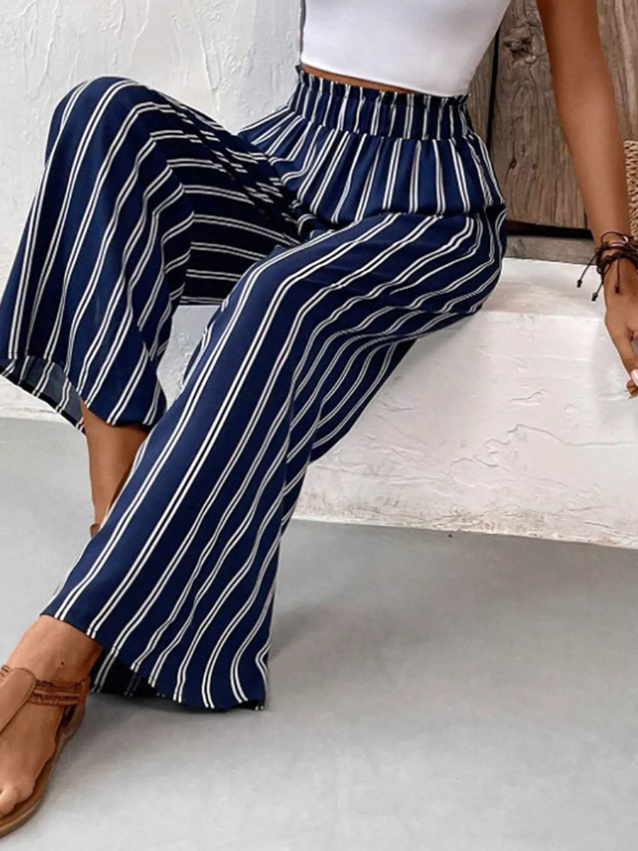 Dark Blue with Striped Wide-leg Pants With Elastic Waistband