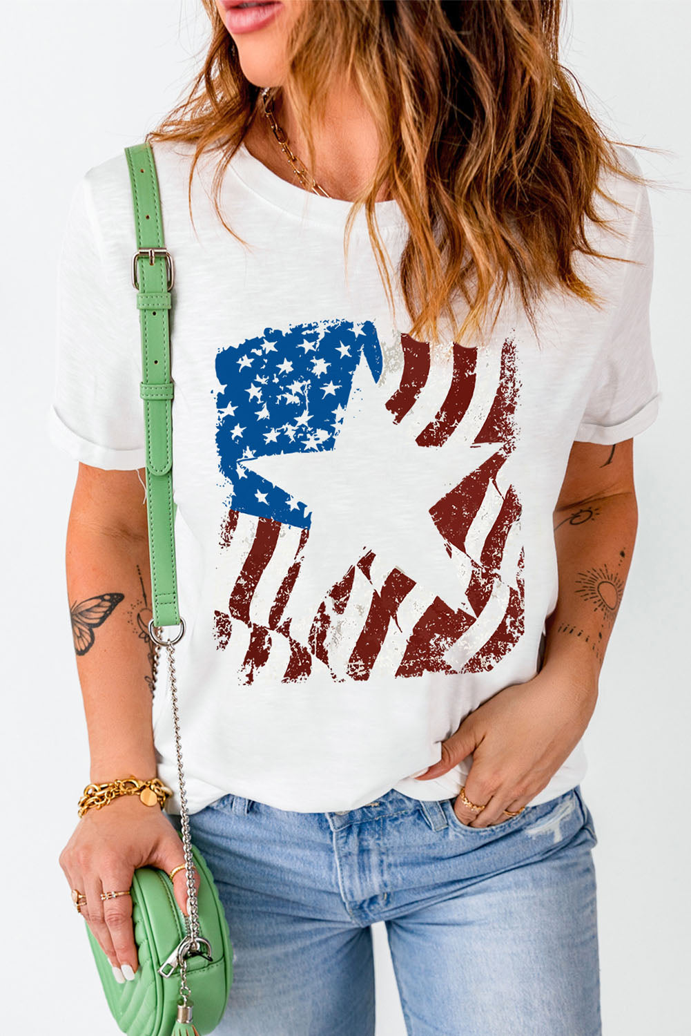 White round neck t-shirt with distressed American flag graphic.