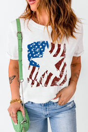 White round neck t-shirt with distressed American flag graphic.
