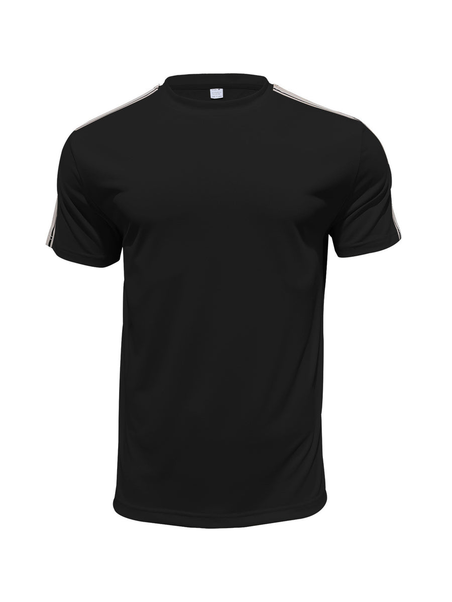 Men's black cotton crew neck t-shirt with sporty shoulder stripes
