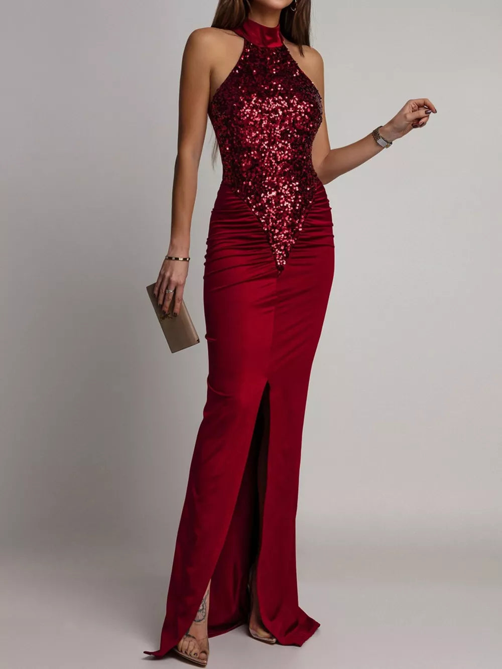 burgundy formal gown with sequin and halter