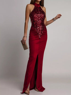 burgundy formal gown with sequin and halter