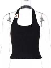 Black ribbed halter tank top with scoop neck and tortoise ring detail