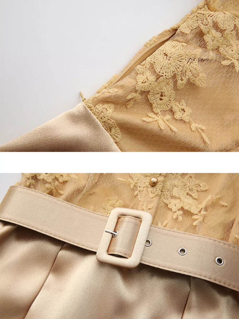 Gold lace-embellished maxi dress with button detail and fabric belt.