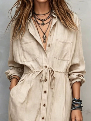 denim blue shirt dress with side pockets and long sleeve
